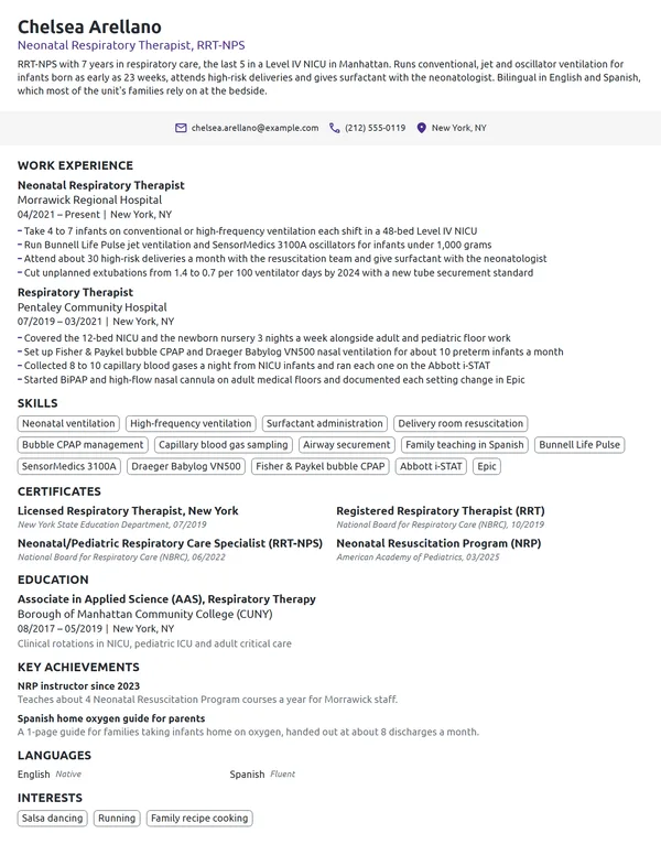 Neonatal Respiratory Therapist resume example