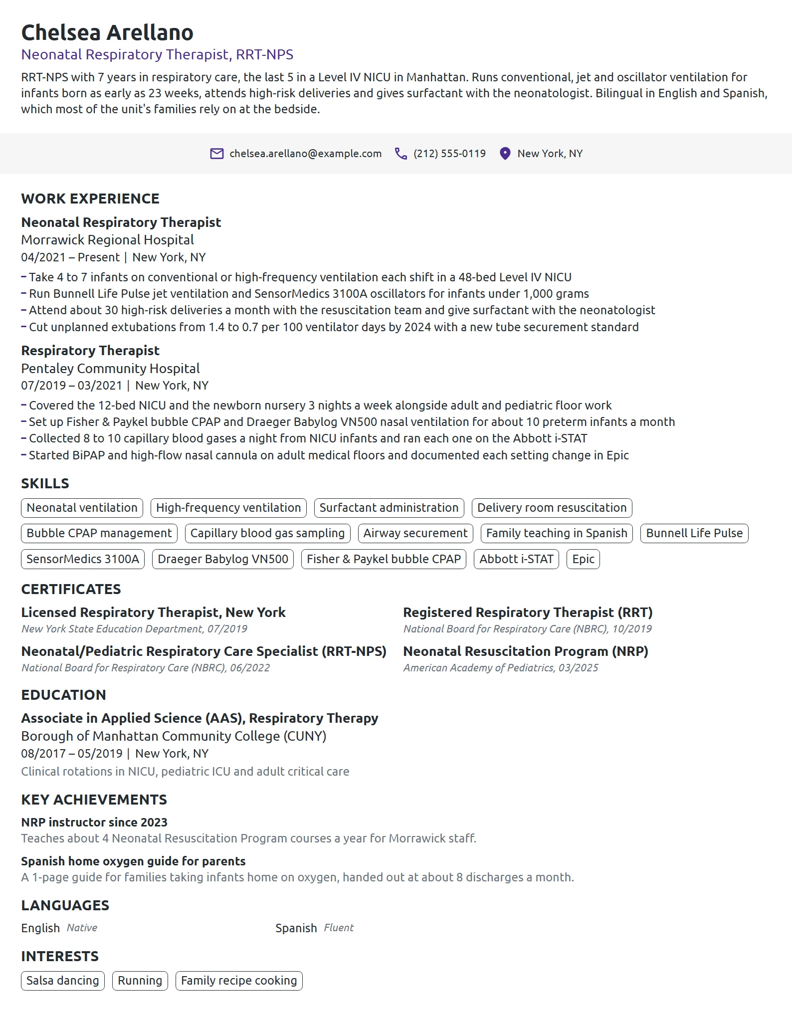 Neonatal Respiratory Therapist resume example