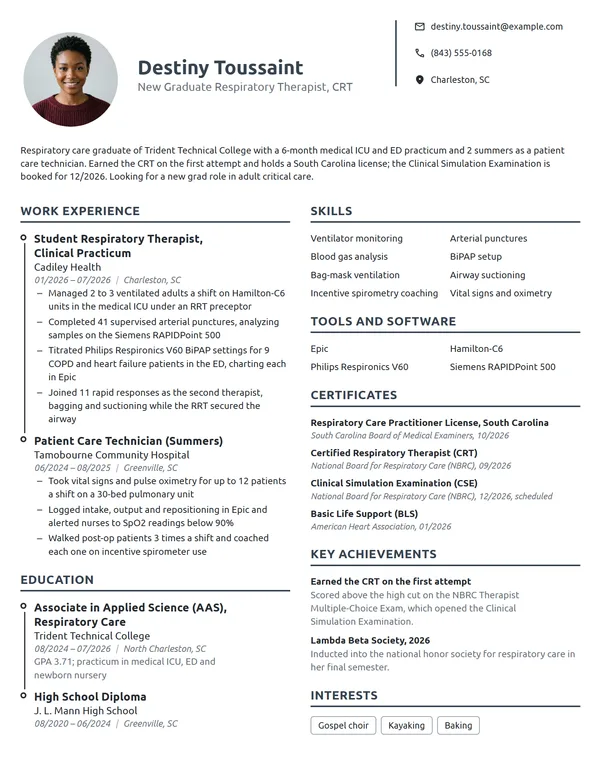 New Grad Respiratory Therapist resume example