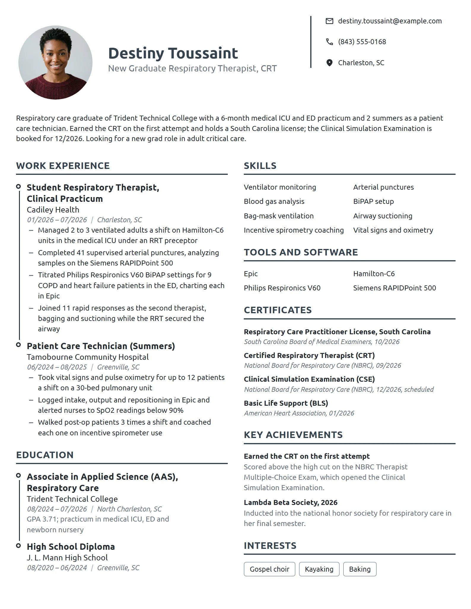 New Grad Respiratory Therapist resume example
