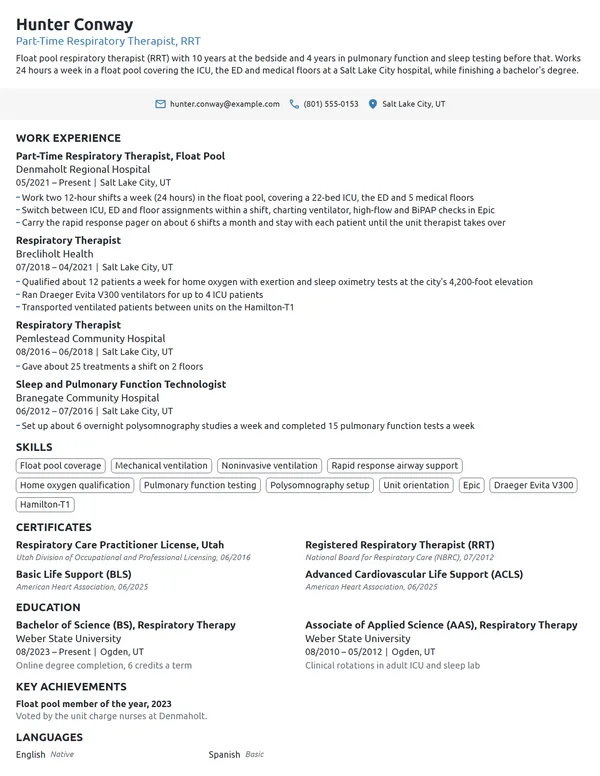 Part-Time Respiratory Therapist resume example