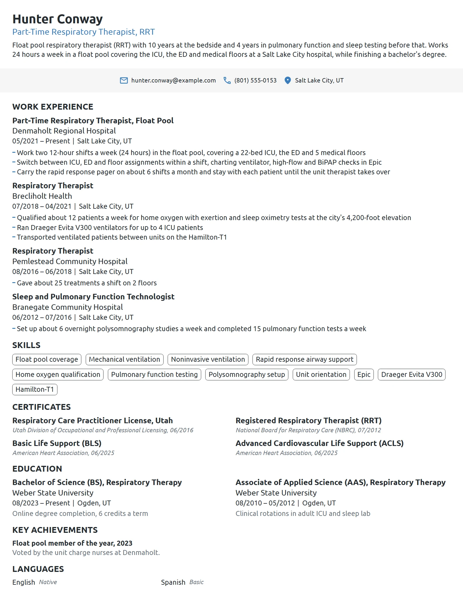 Part-Time Respiratory Therapist resume example