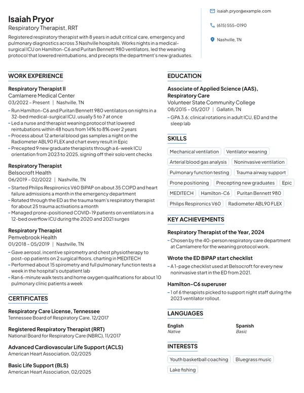 Respiratory Therapist resume example