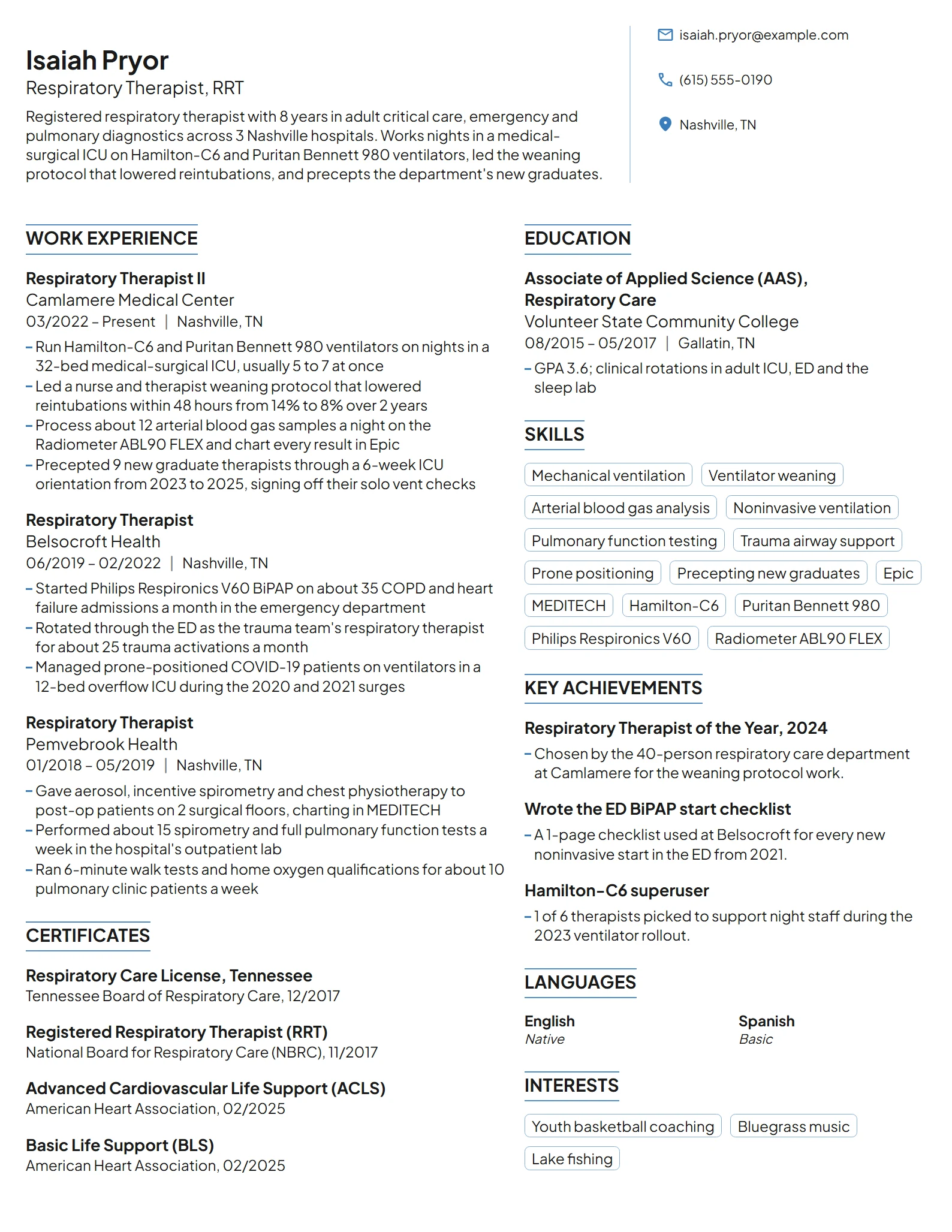Respiratory Therapist resume example
