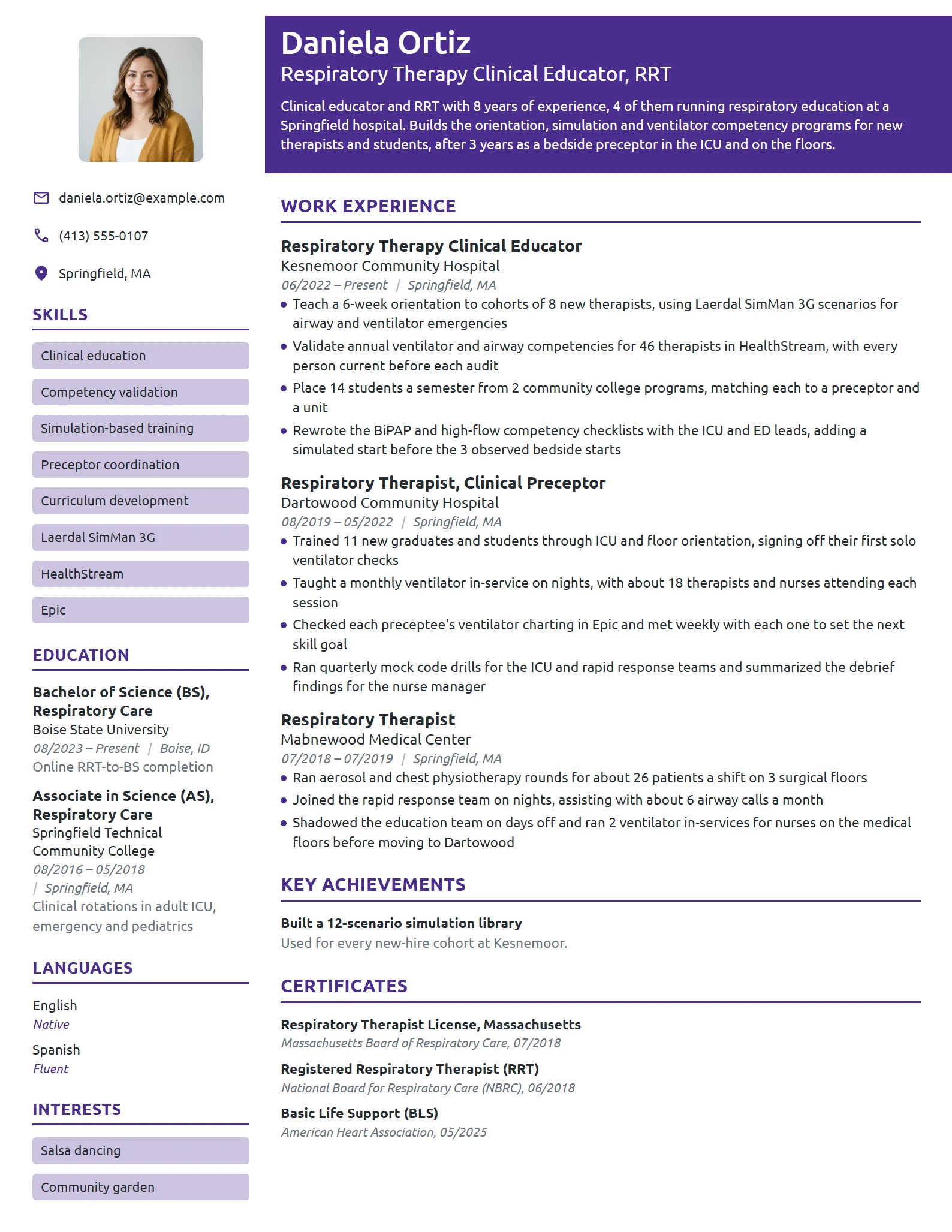 Respiratory Therapy Clinical Educator resume example