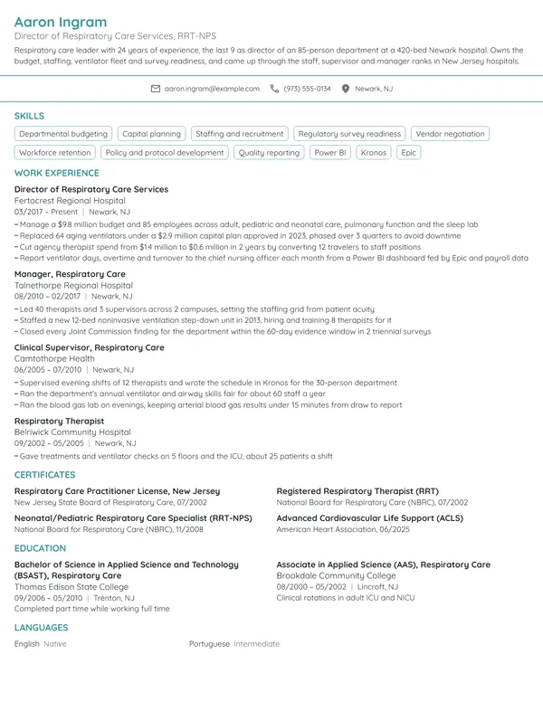 Respiratory Therapy Director resume example