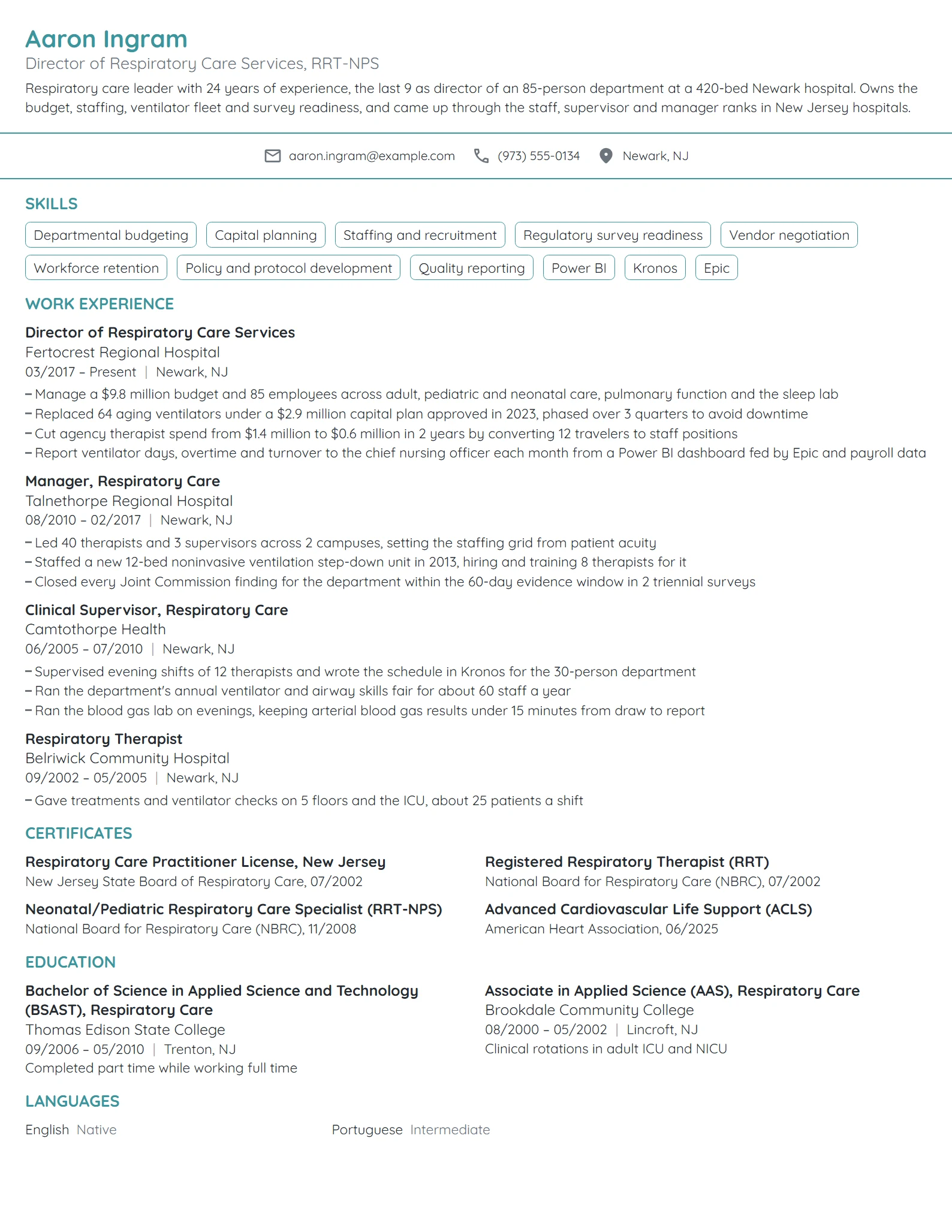 Respiratory Therapy Director resume example