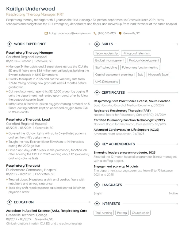 Respiratory Therapy Manager resume example
