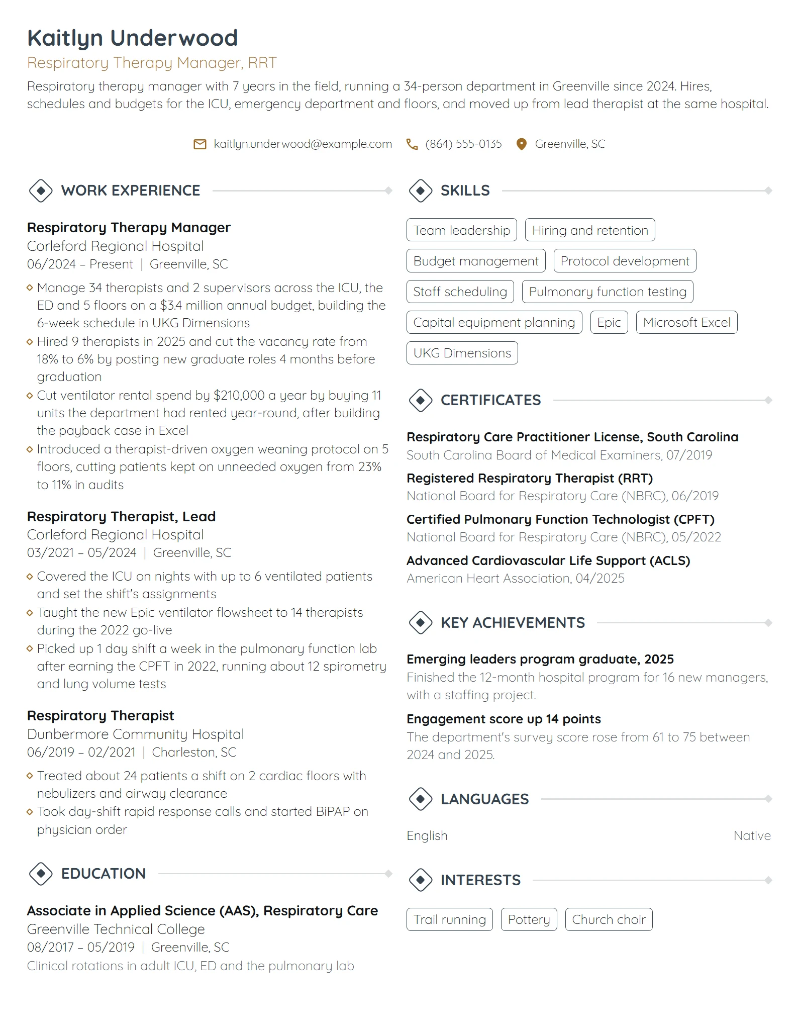 Respiratory Therapy Manager resume example