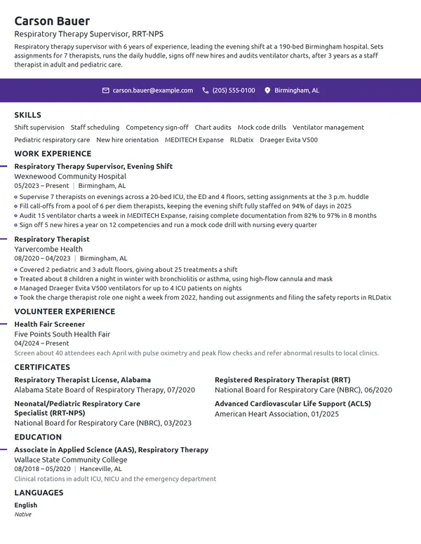 Respiratory Therapy Supervisor resume example