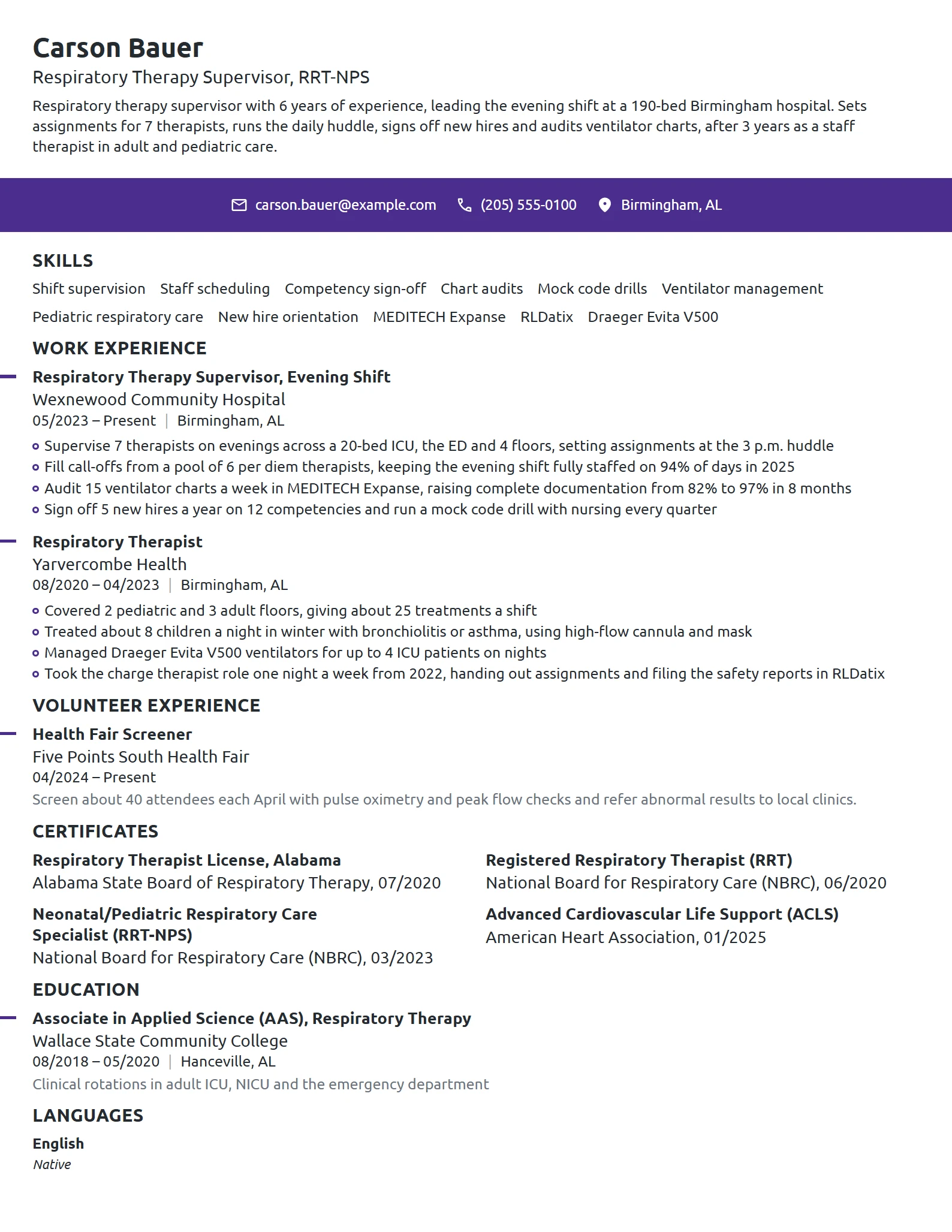 Respiratory Therapy Supervisor resume example