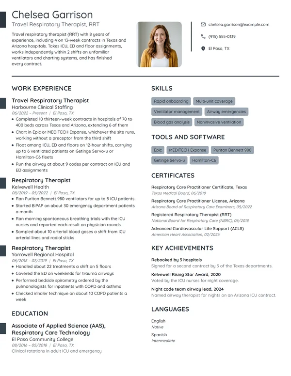 Travel Respiratory Therapist resume example