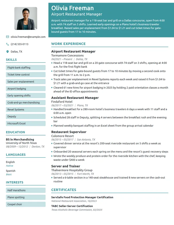 Airport Restaurant Manager resume example