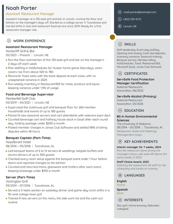Assistant Restaurant Manager resume example
