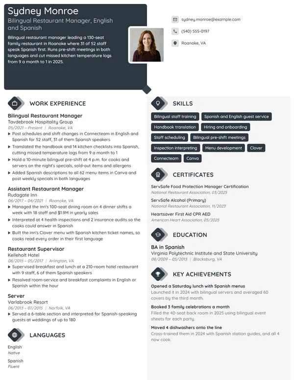 Bilingual Restaurant Manager resume example