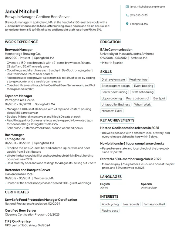 Brewpub Manager resume example