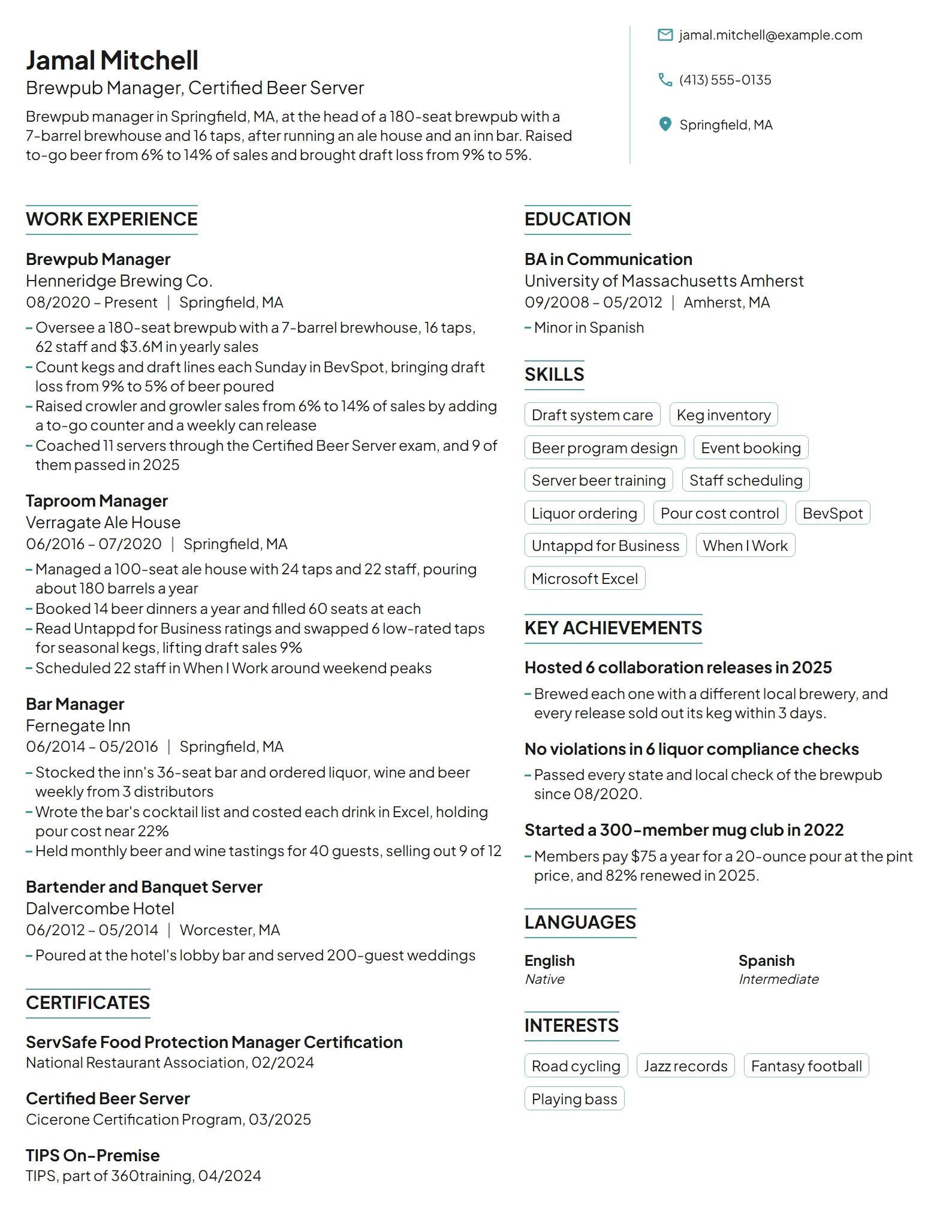 Brewpub Manager resume example