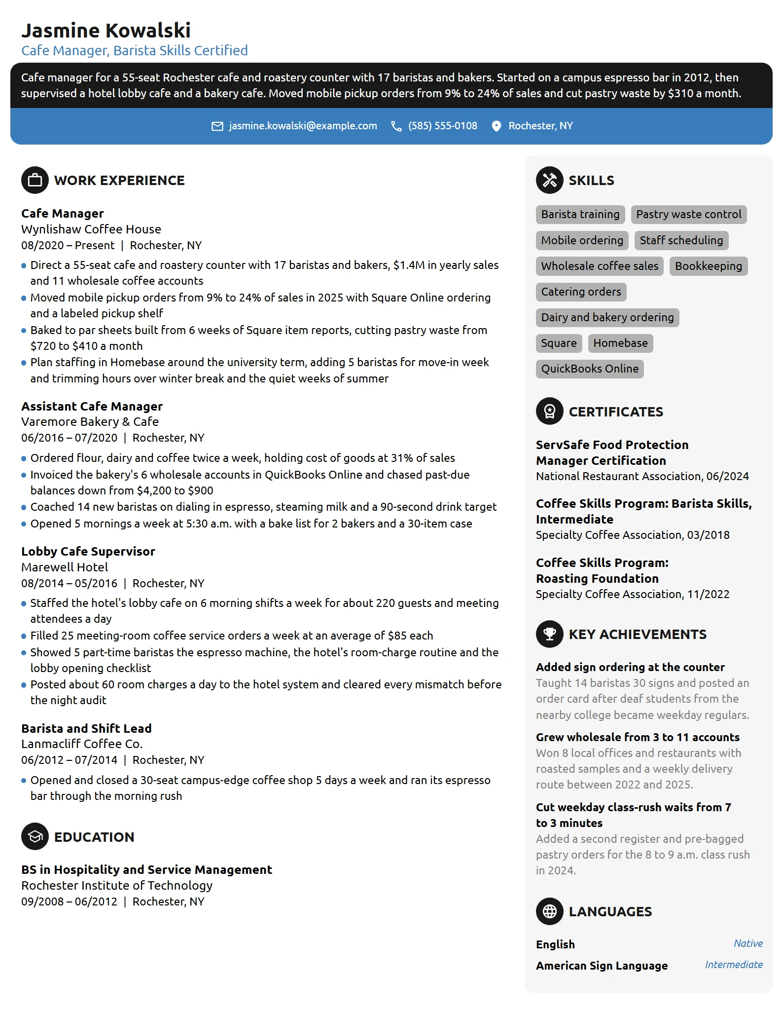 Cafe Manager resume example
