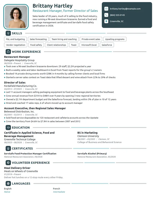 Career Change Restaurant Manager resume example