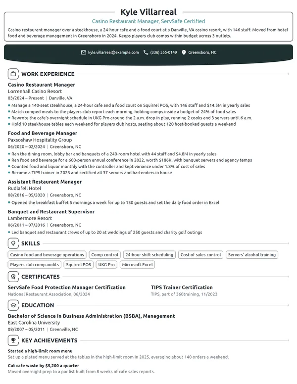 Casino Restaurant Manager resume example