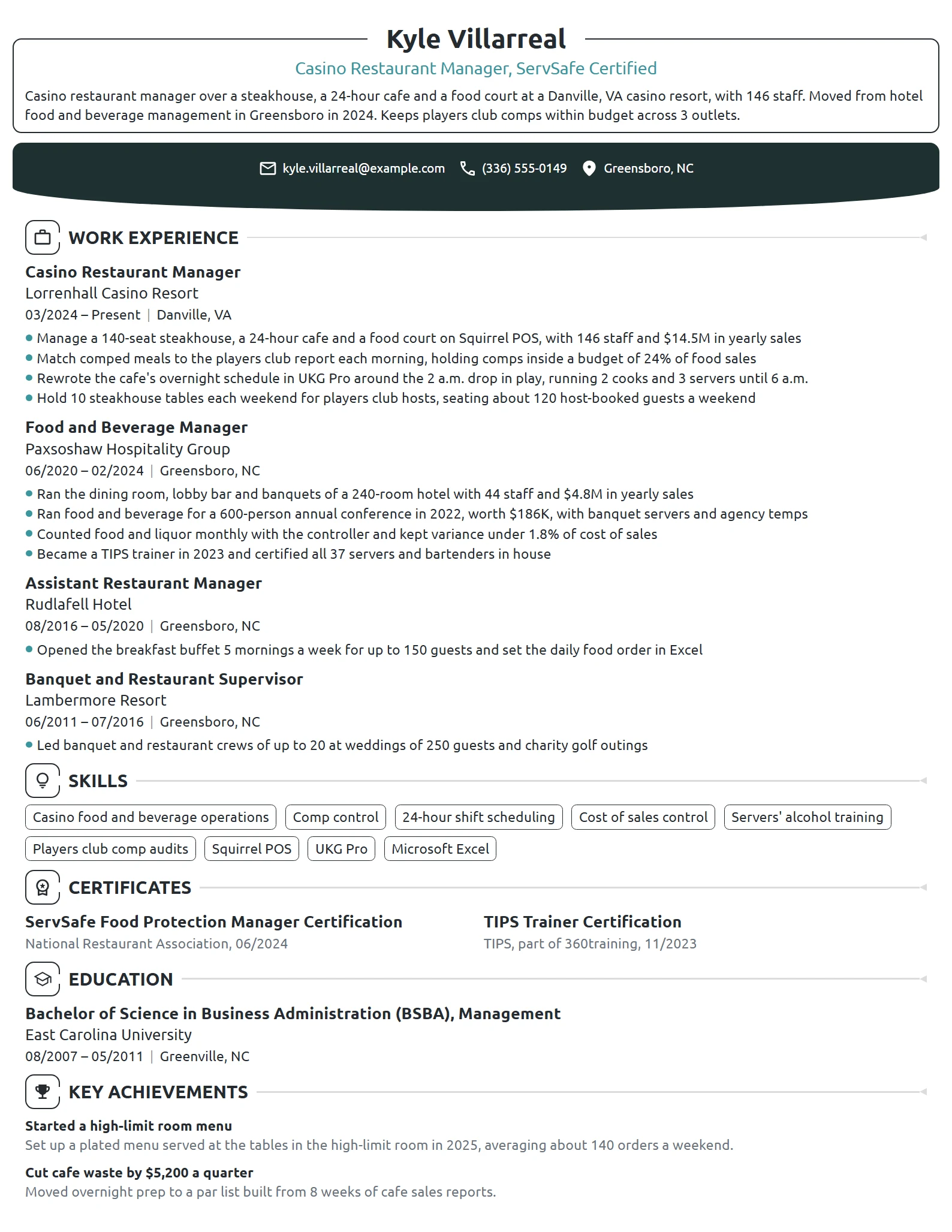 Casino Restaurant Manager resume example