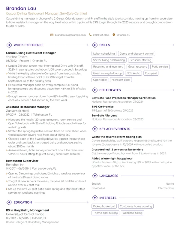 Casual Dining Restaurant Manager resume example