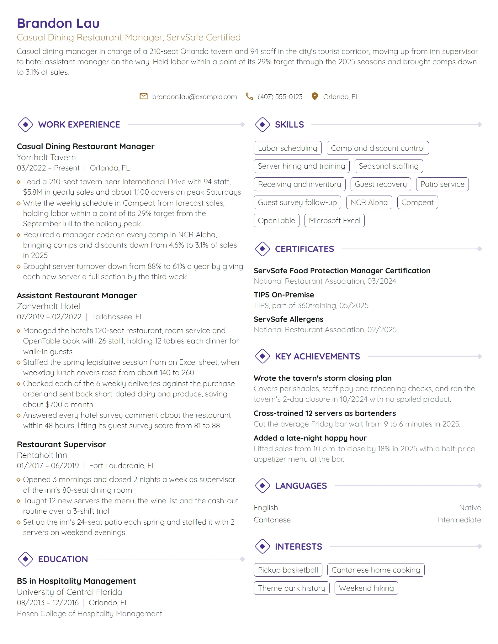 Casual Dining Restaurant Manager resume example
