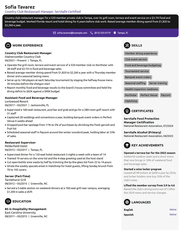 Country Club Restaurant Manager resume example