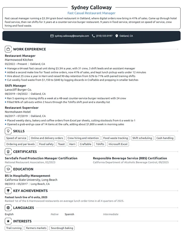 Fast Casual Restaurant Manager resume example