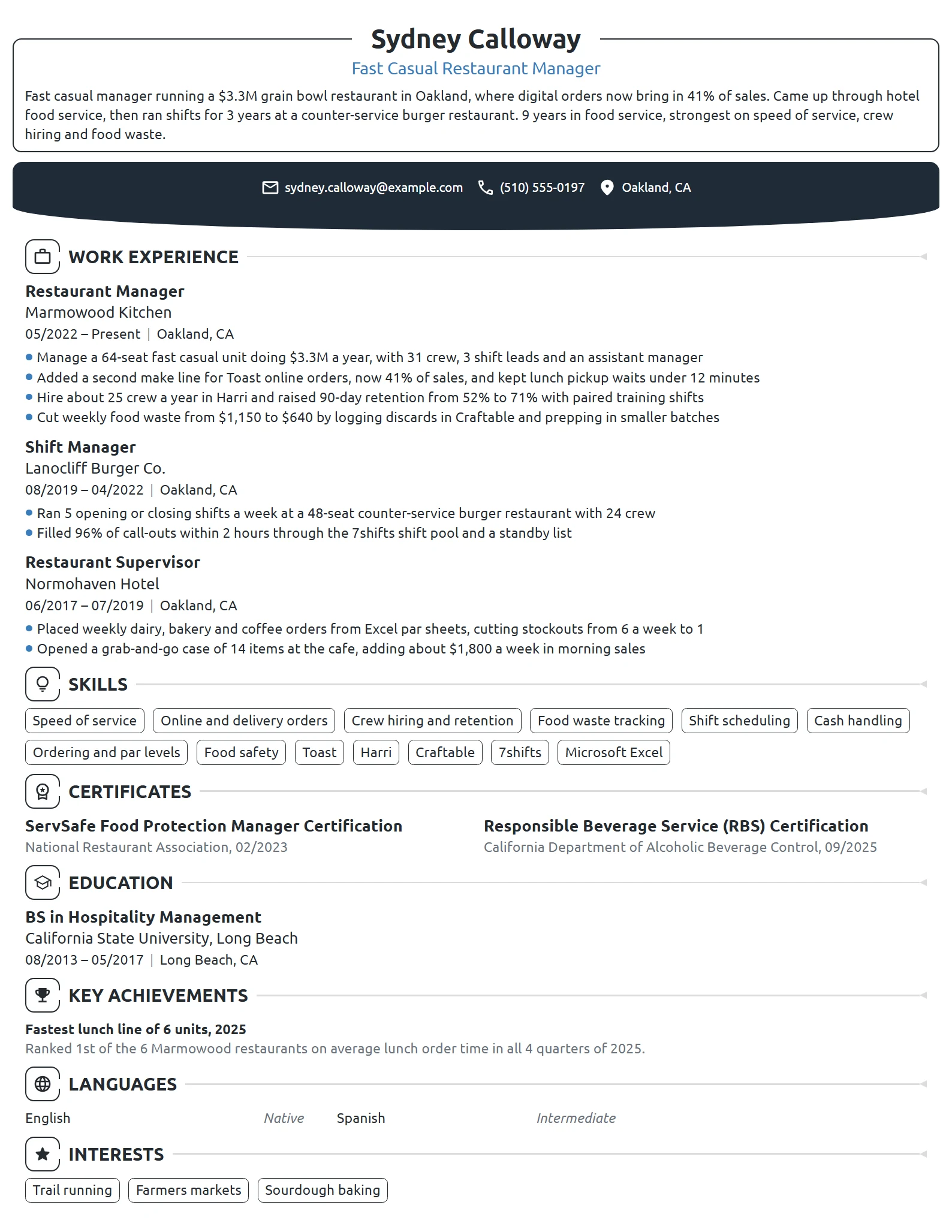 Fast Casual Restaurant Manager resume example