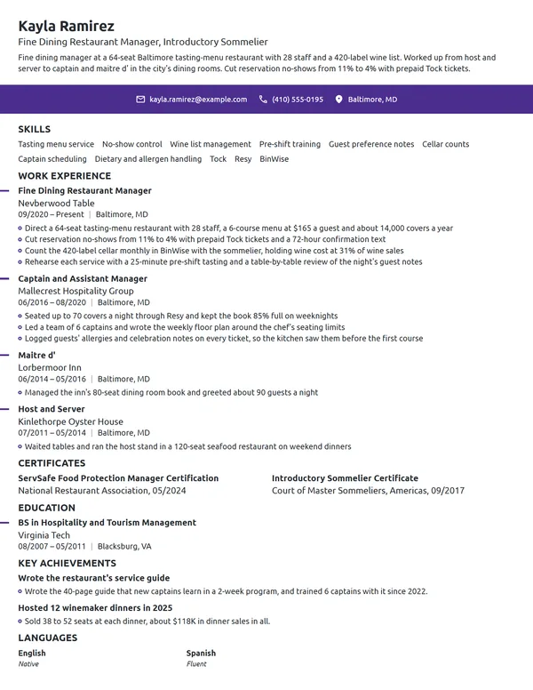 Fine Dining Restaurant Manager resume example