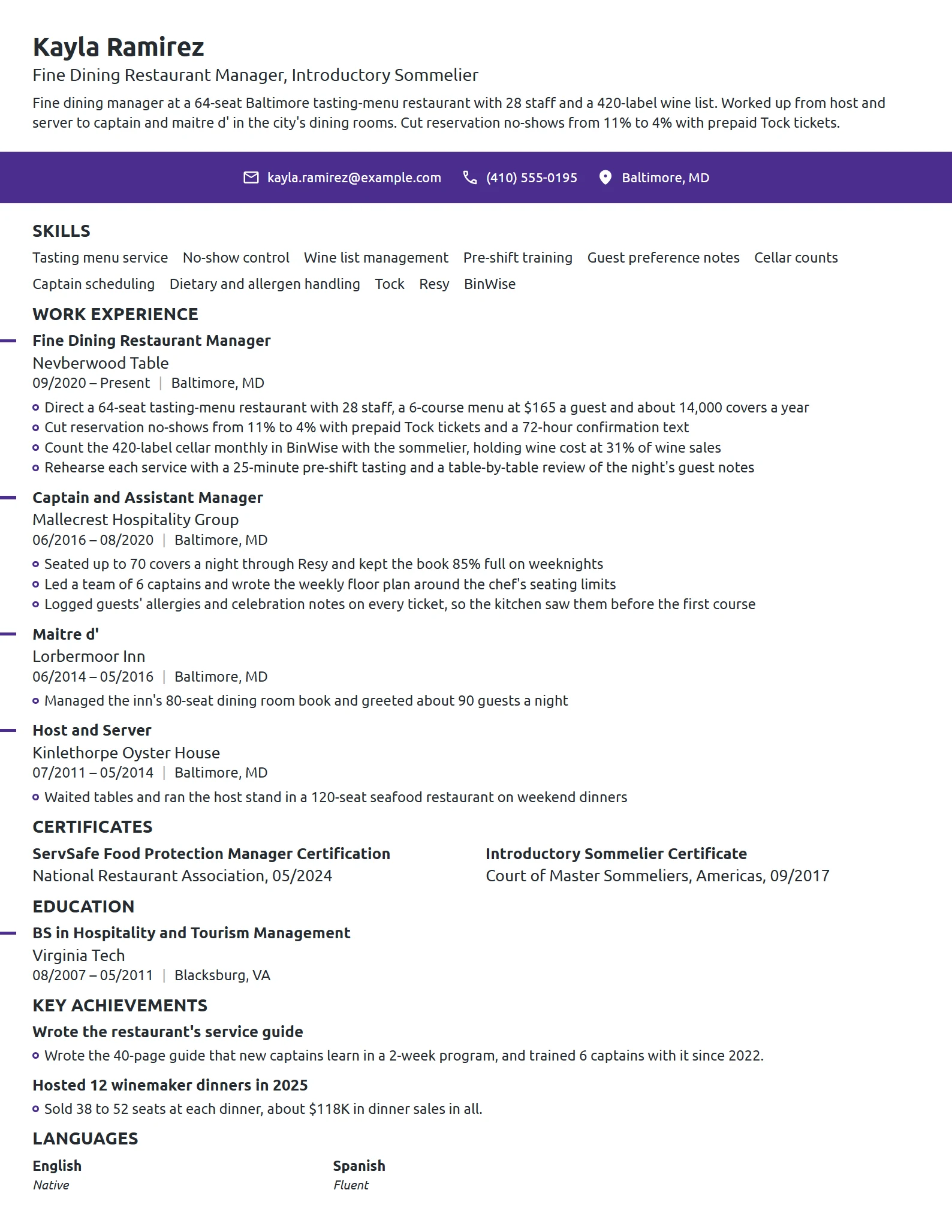 Fine Dining Restaurant Manager resume example