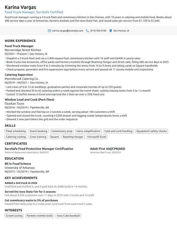Food Truck Manager resume example