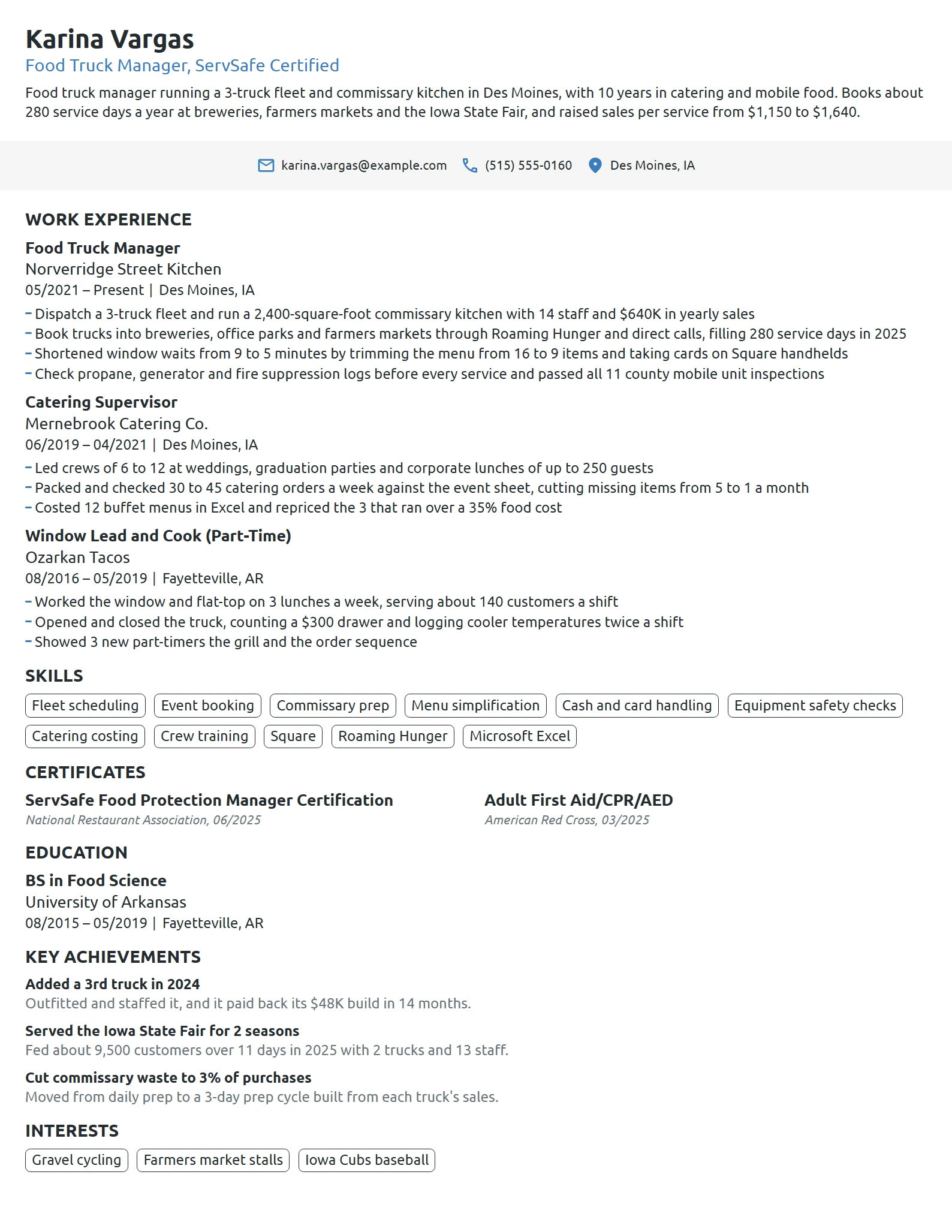 Food Truck Manager resume example