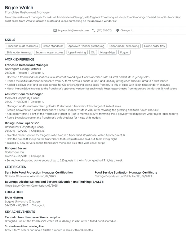 Franchise Restaurant Manager resume example