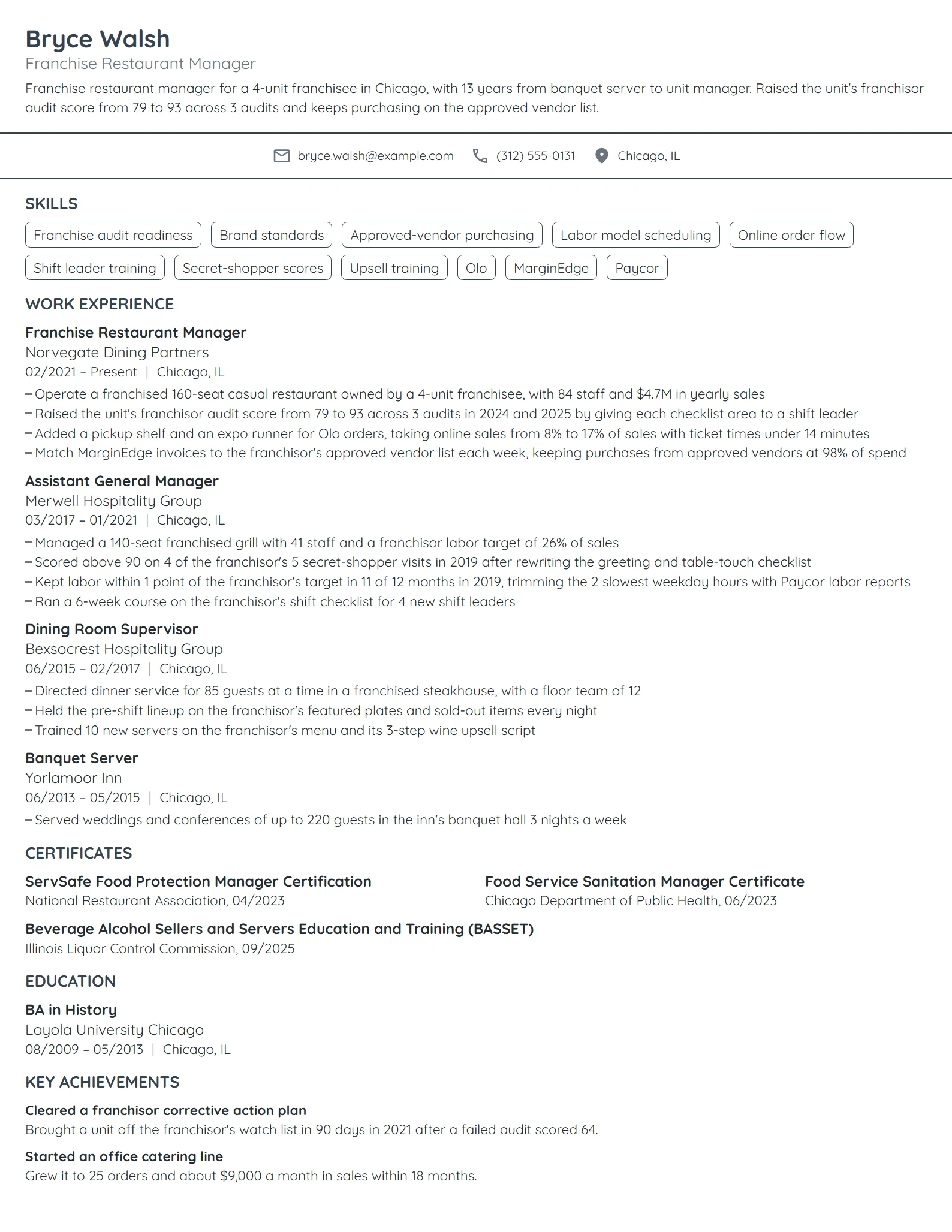 Franchise Restaurant Manager resume example