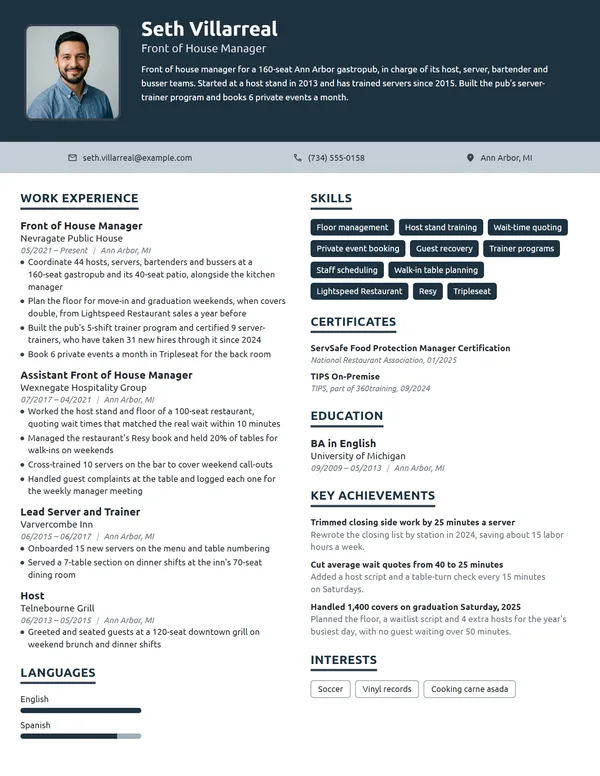 Front of House Manager resume example