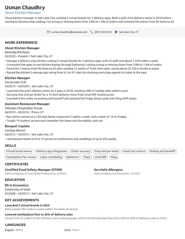 Ghost Kitchen Manager resume example