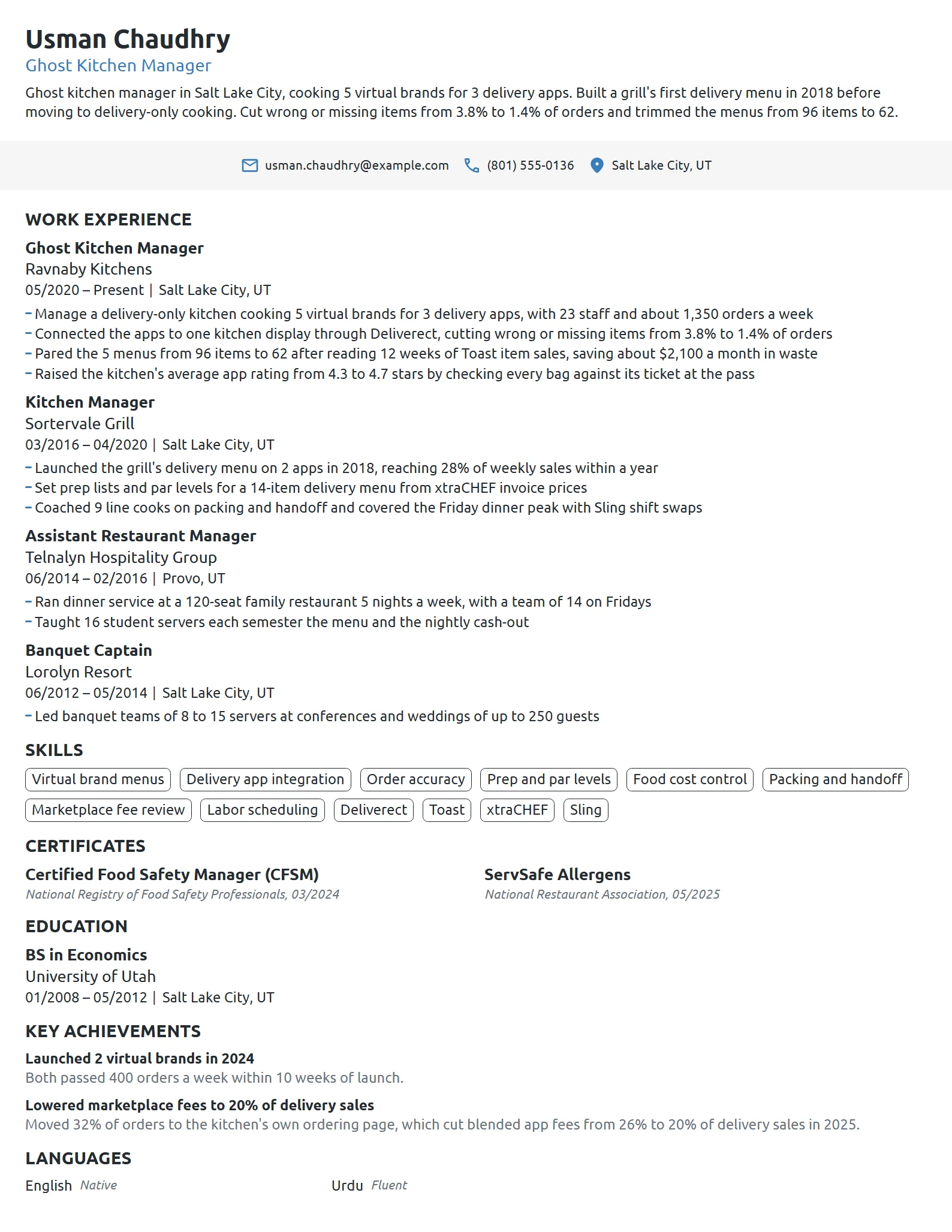 Ghost Kitchen Manager resume example