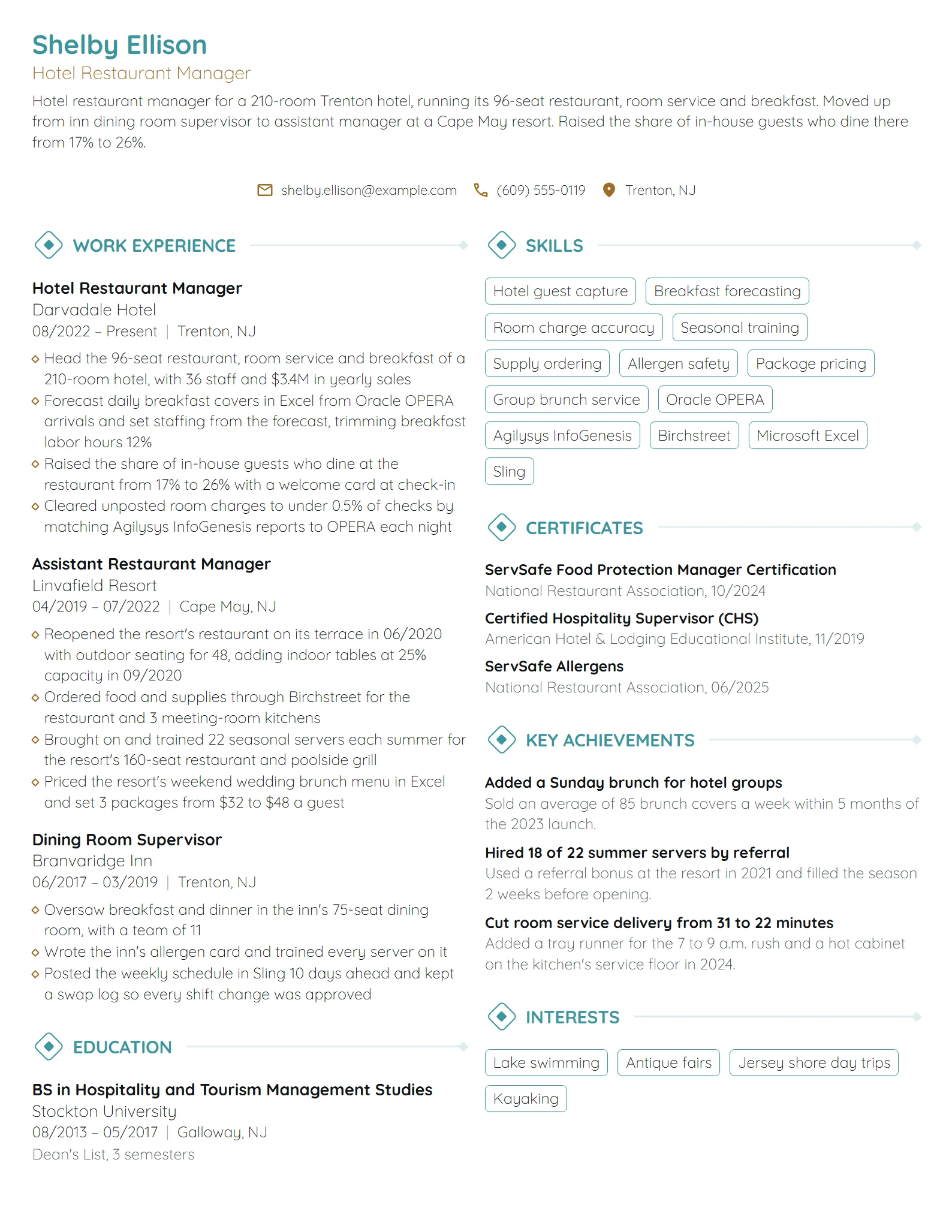 Hotel Restaurant Manager resume example