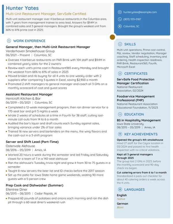 Multi-Unit Restaurant Manager resume example