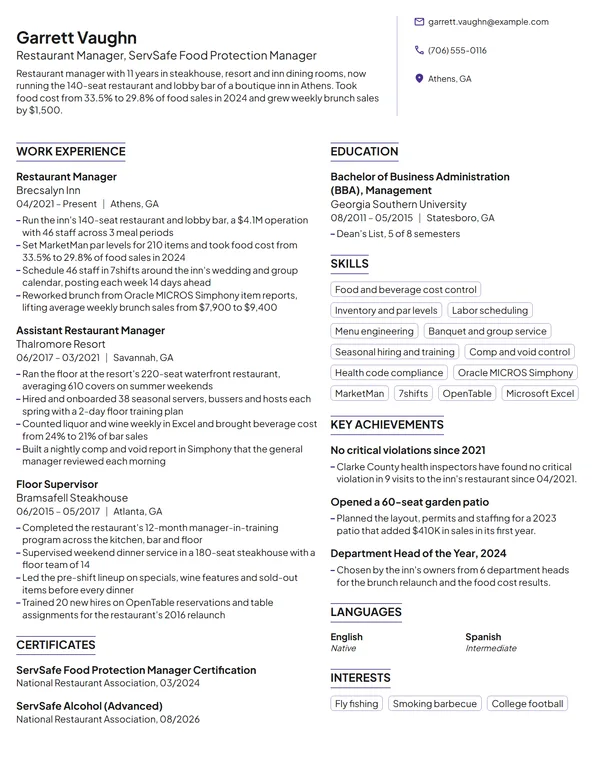 Restaurant Manager resume example