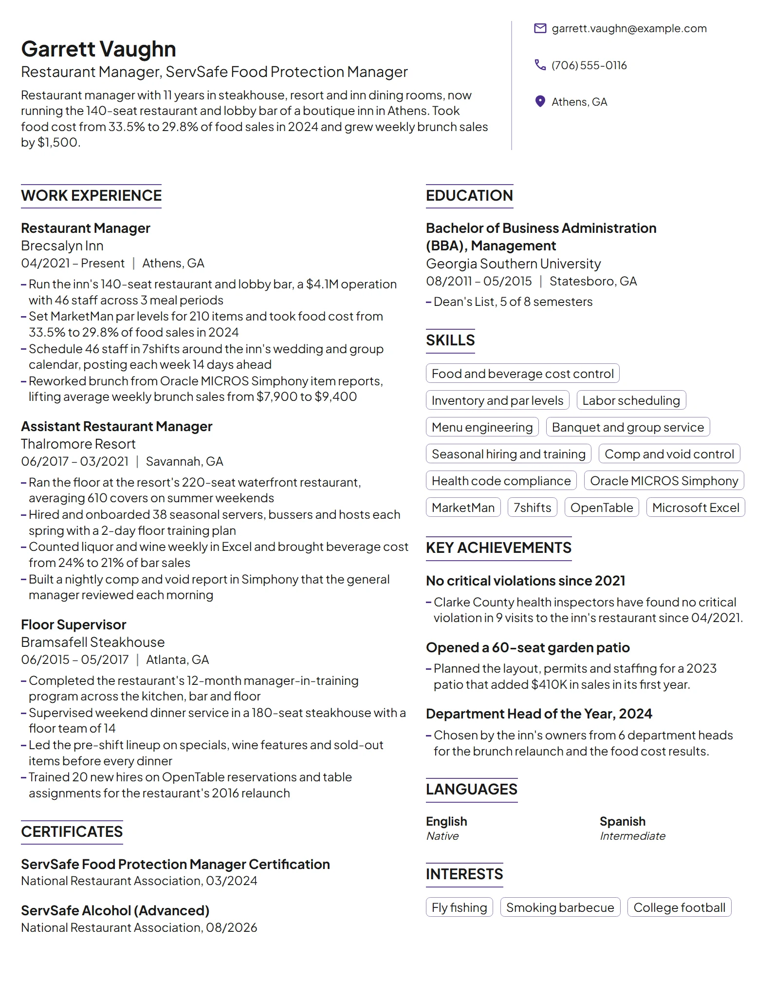 Restaurant Manager resume example
