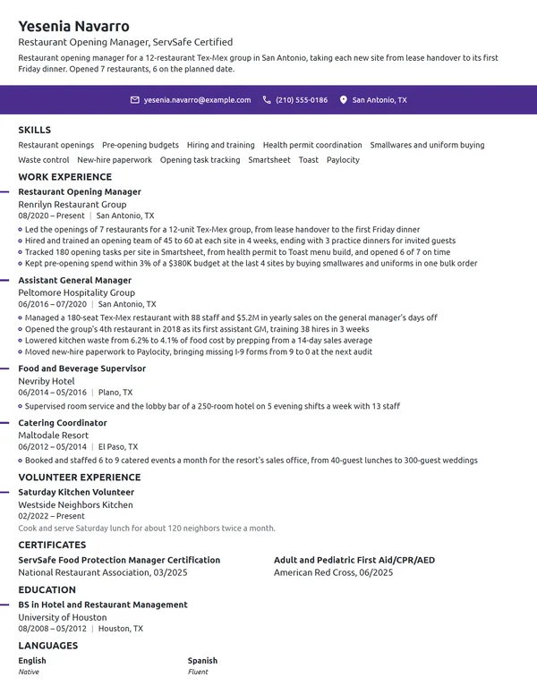 Restaurant Opening Manager resume example