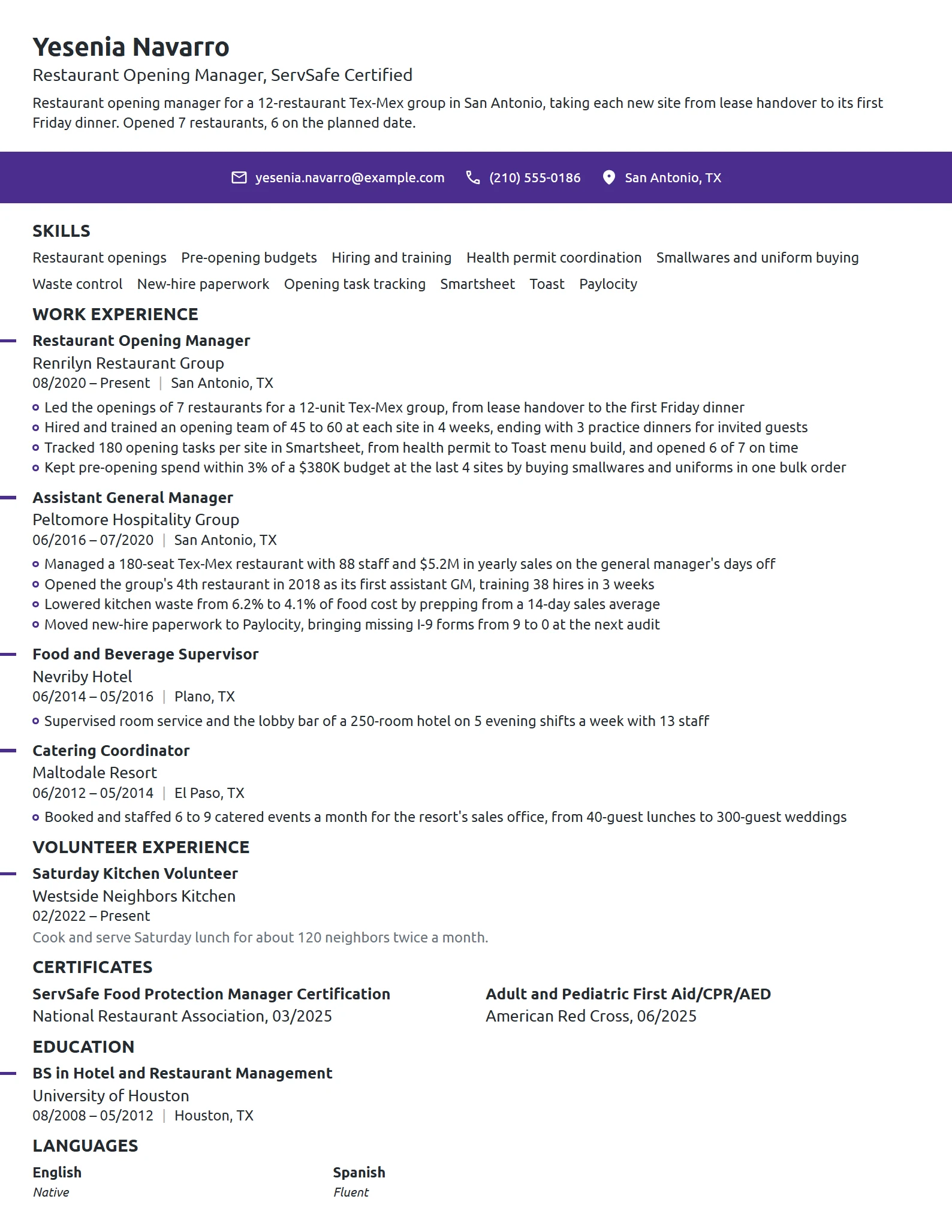 Restaurant Opening Manager resume example