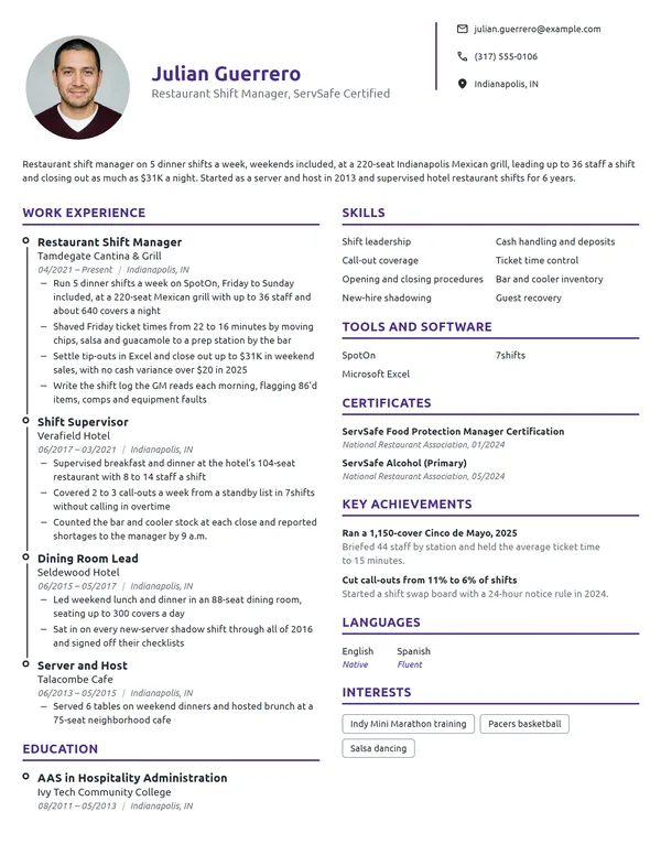Restaurant Shift Manager resume example