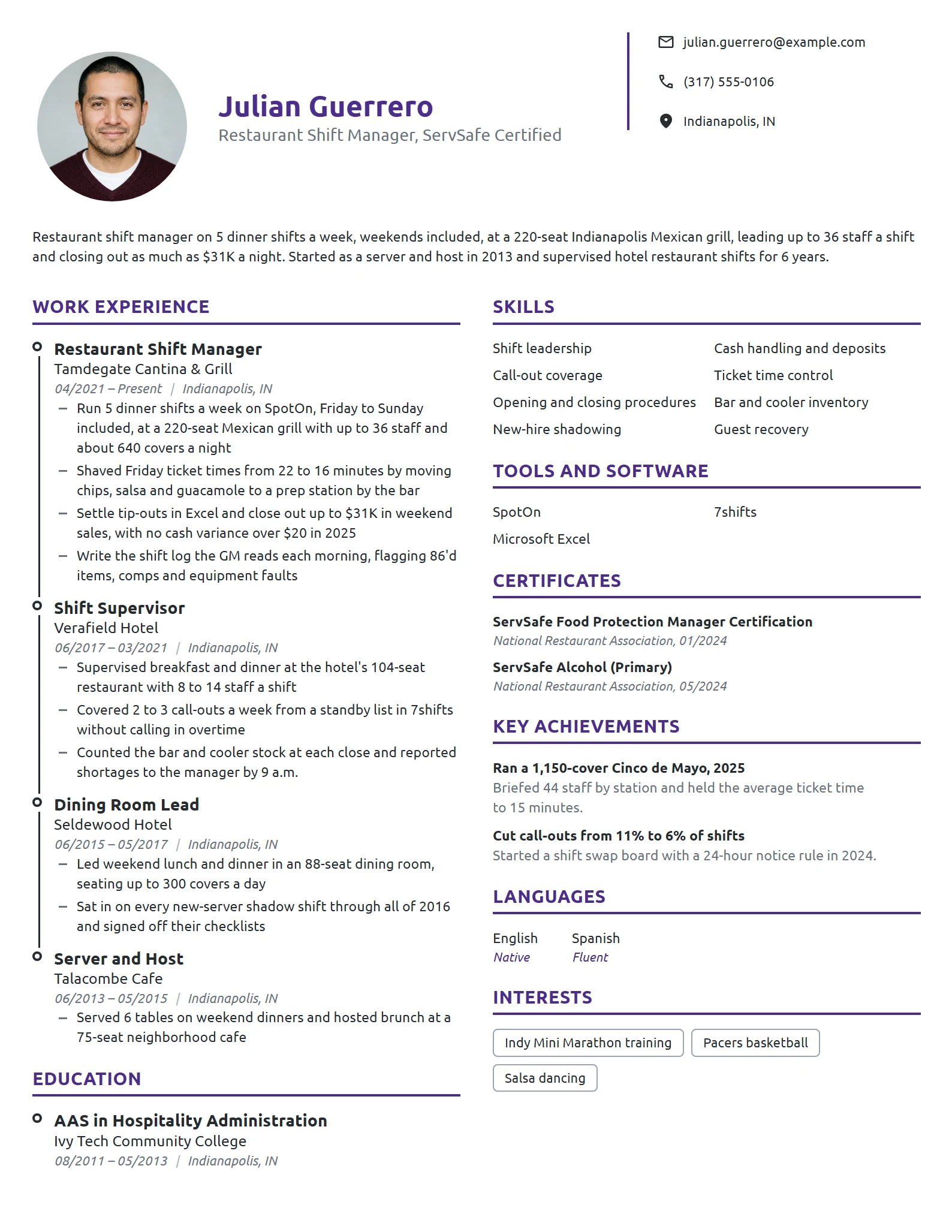 Restaurant Shift Manager resume example