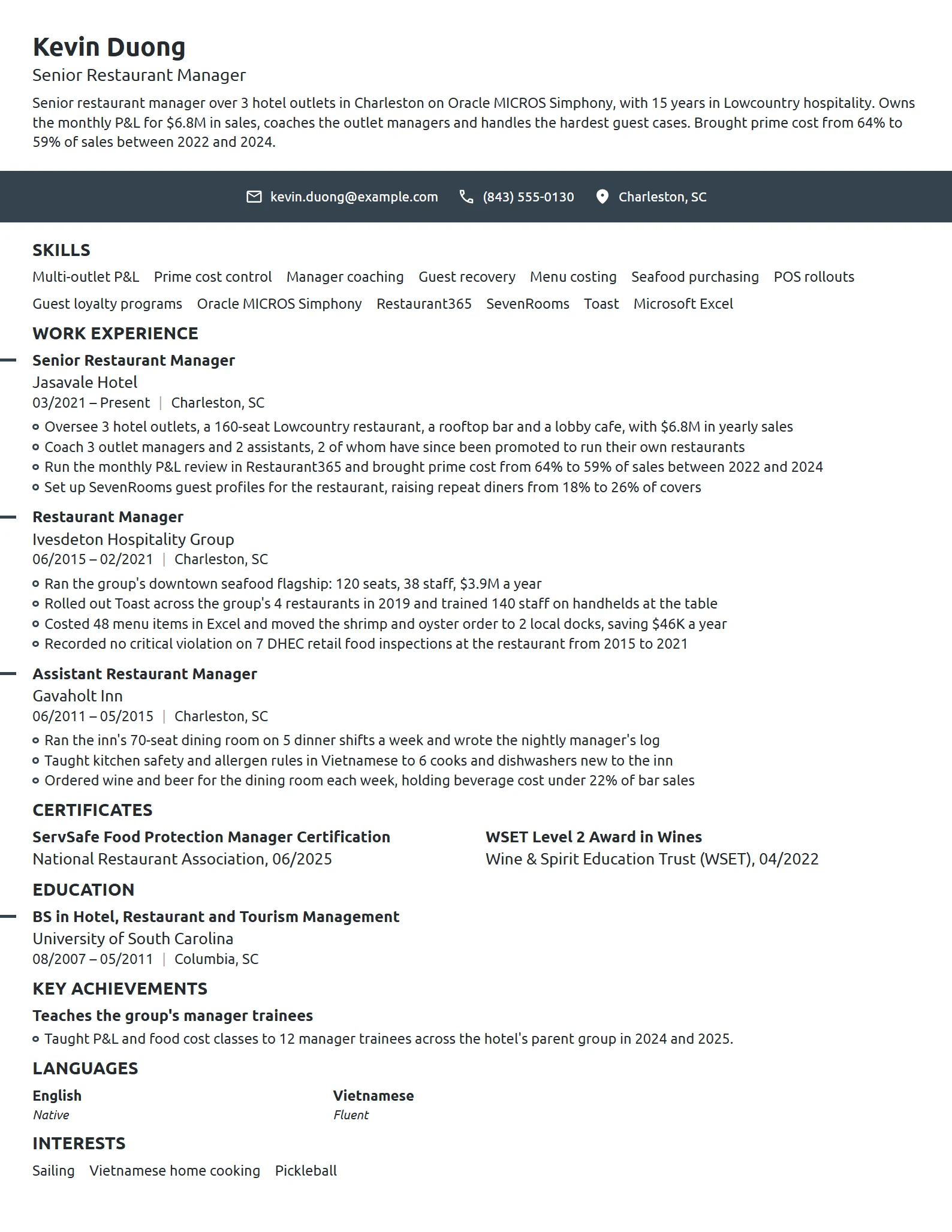 Senior Restaurant Manager resume example