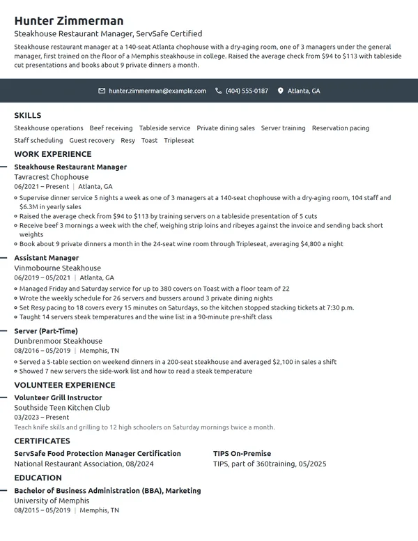 Steakhouse Restaurant Manager resume example