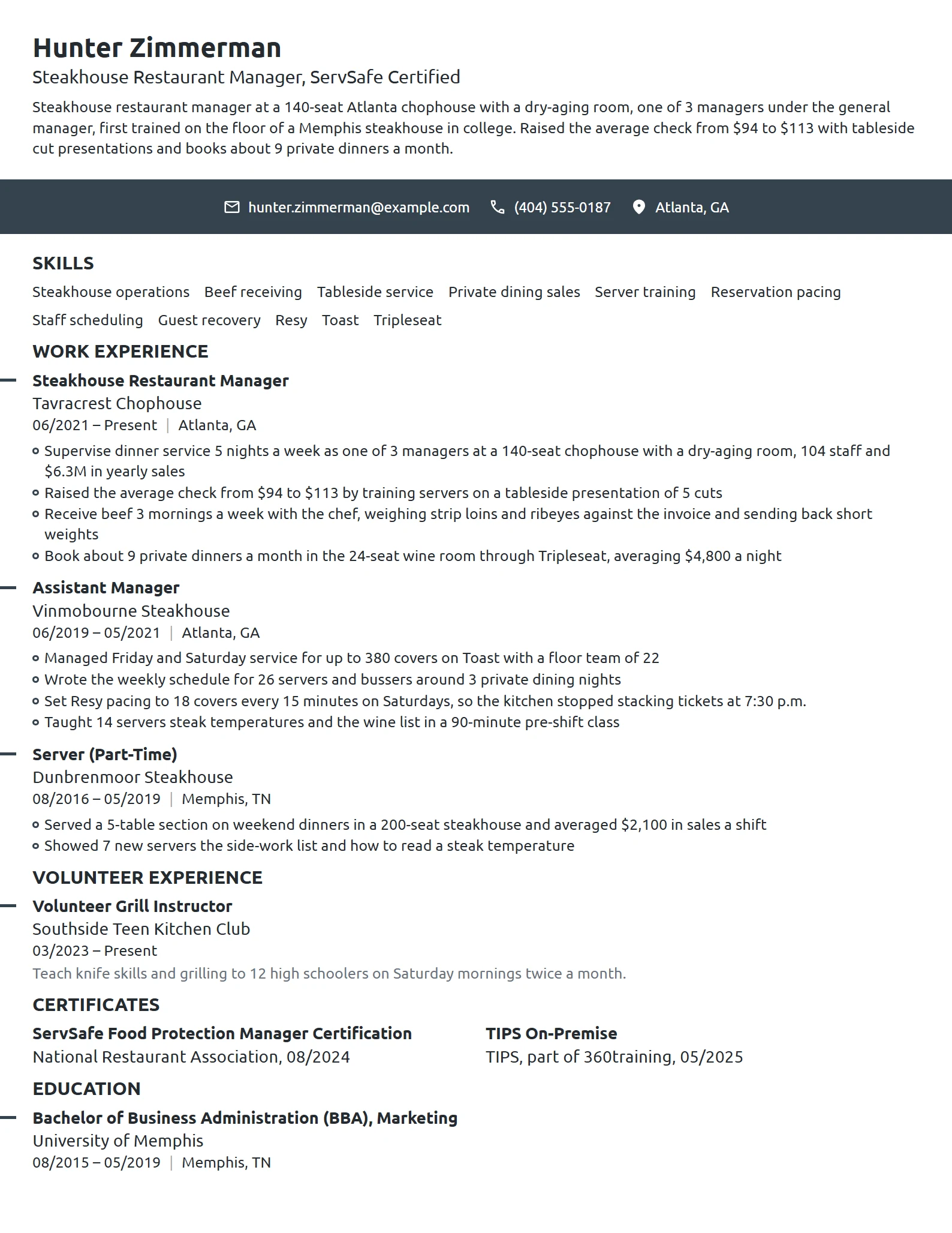 Steakhouse Restaurant Manager resume example